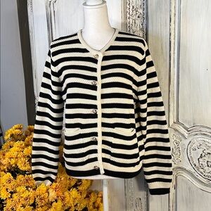 Lillusory Cotton Blend Black and White Striped Cardigan with Front Pockets